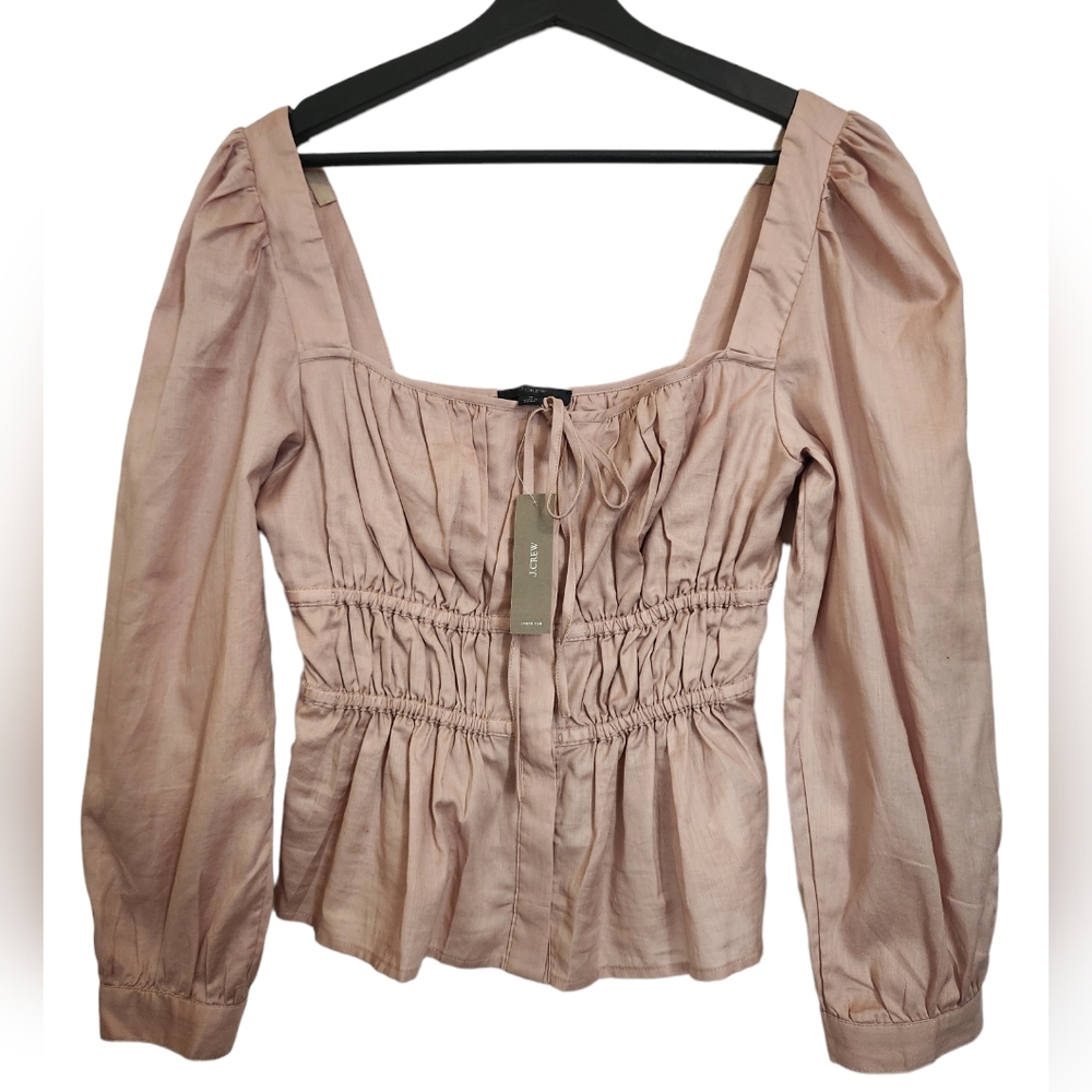 NWT J. Crew 100% Cotton Ruched Longsleeve Squared Neck Cream Blouse Size 4